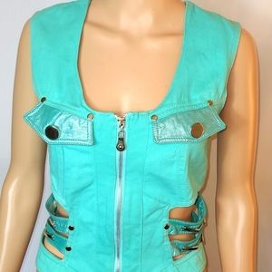 Cache Turquoise Two Piece Outfit with Cutouts & Leather Accents. Size 6. #5-0202